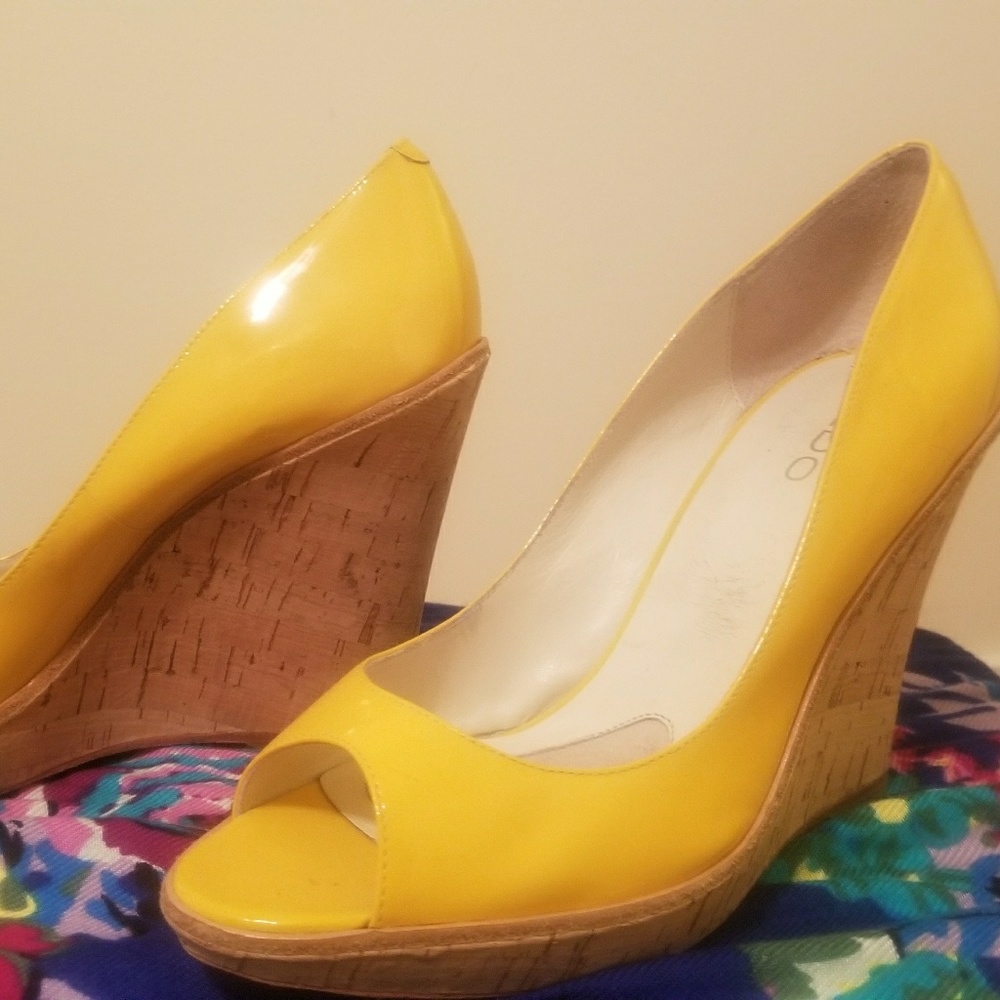 Bright yellow peep toe cork wedge